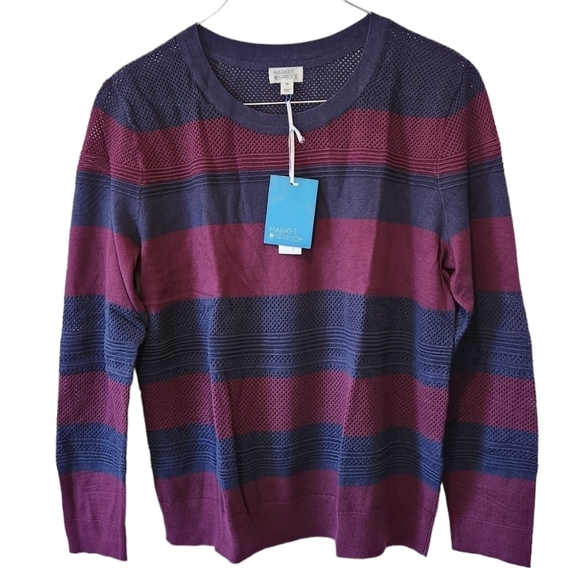 Market & Spruce Open Stitch Wide Stripe Crew Neck Sweater XXL Purple and Blue - Picture 1 of 11